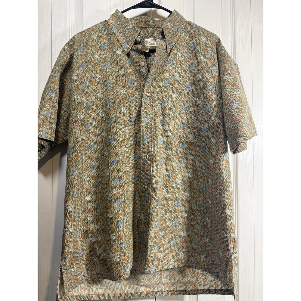 VTG Men's Shirt M Brown Geometric Floral Button Down 65/35 Poly Cotton L'Essence